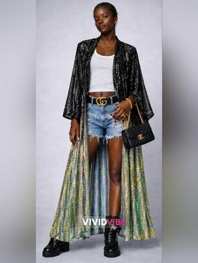 Free People X Party On Sequin Kimono In Black Earth One Size Soldout NIP $200